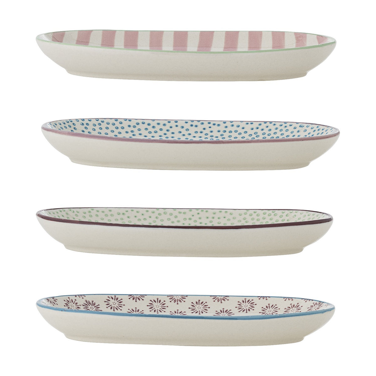 Patrizia Striped Stoneware Plates Set of 4, four oval plates with pink stripes, blue dots, green dots, and floral patterns, each with a contrasting painted rim, on a white background.