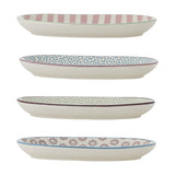 Patrizia Striped Stoneware Plates Set of 4, four oval plates with pink stripes, blue dots, green dots, and floral patterns, each with a contrasting painted rim, on a white background.