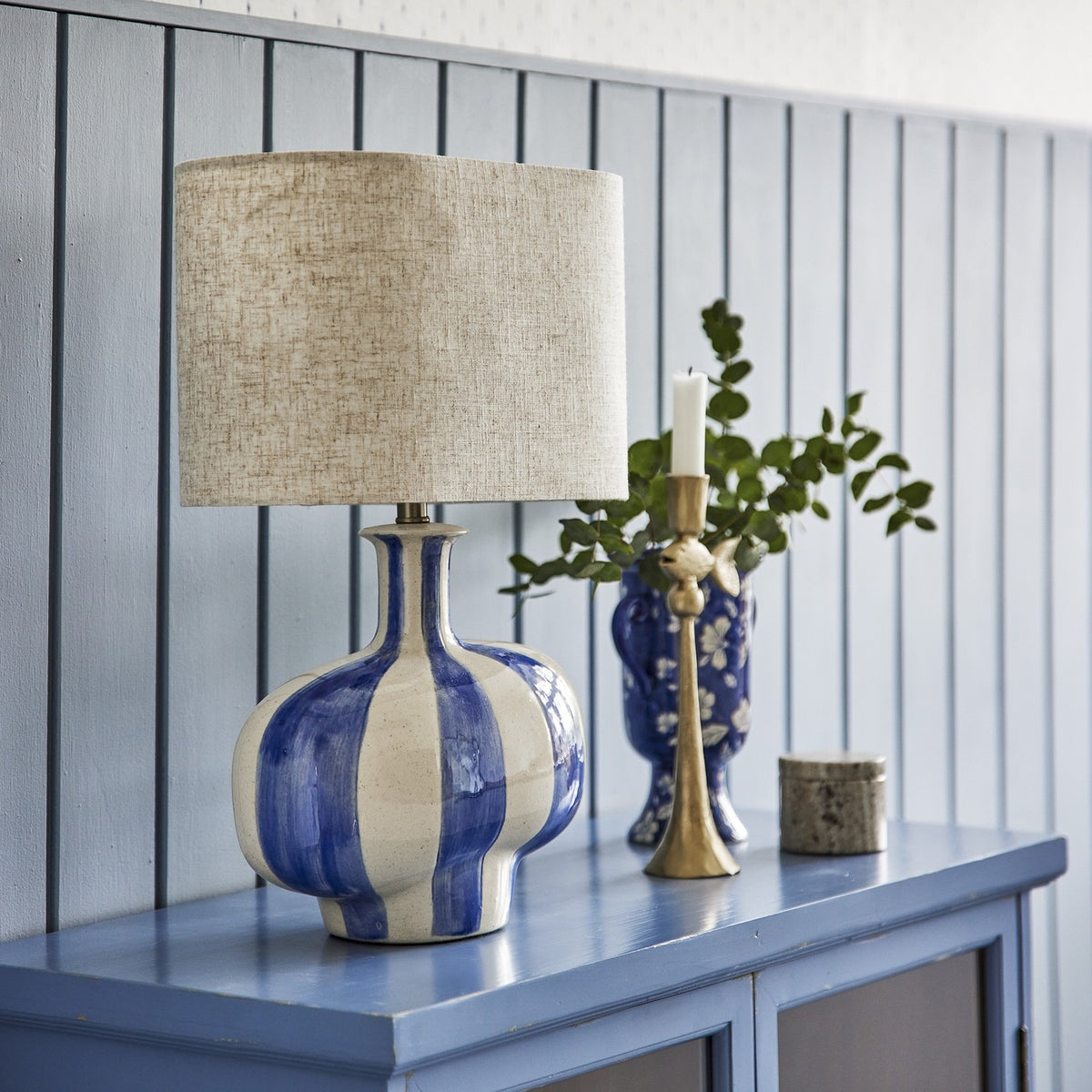 Alida Striped Stoneware Table Lamp with Linen Shade - Multi