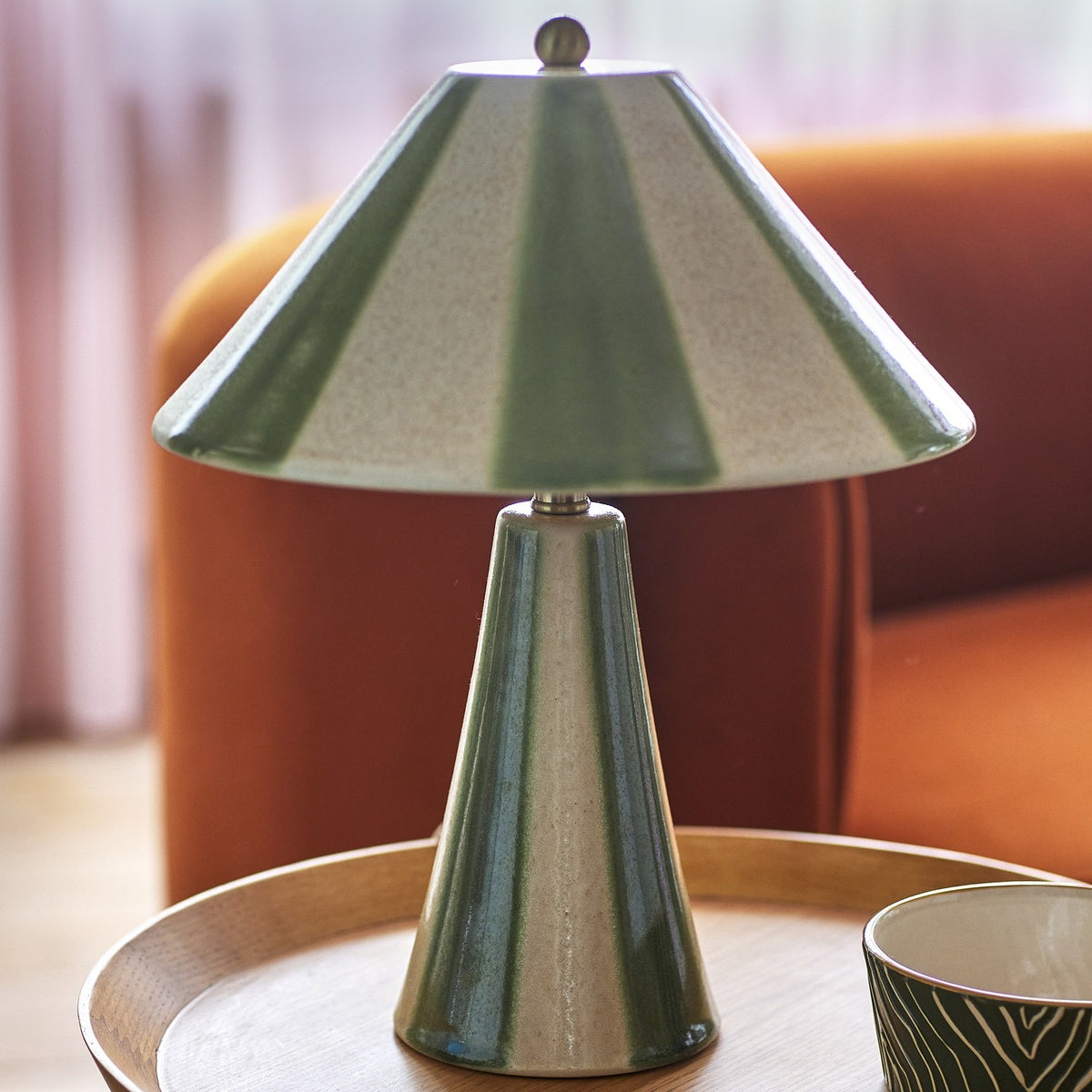 Olive Striped Stoneware Table Lamp - Multi
