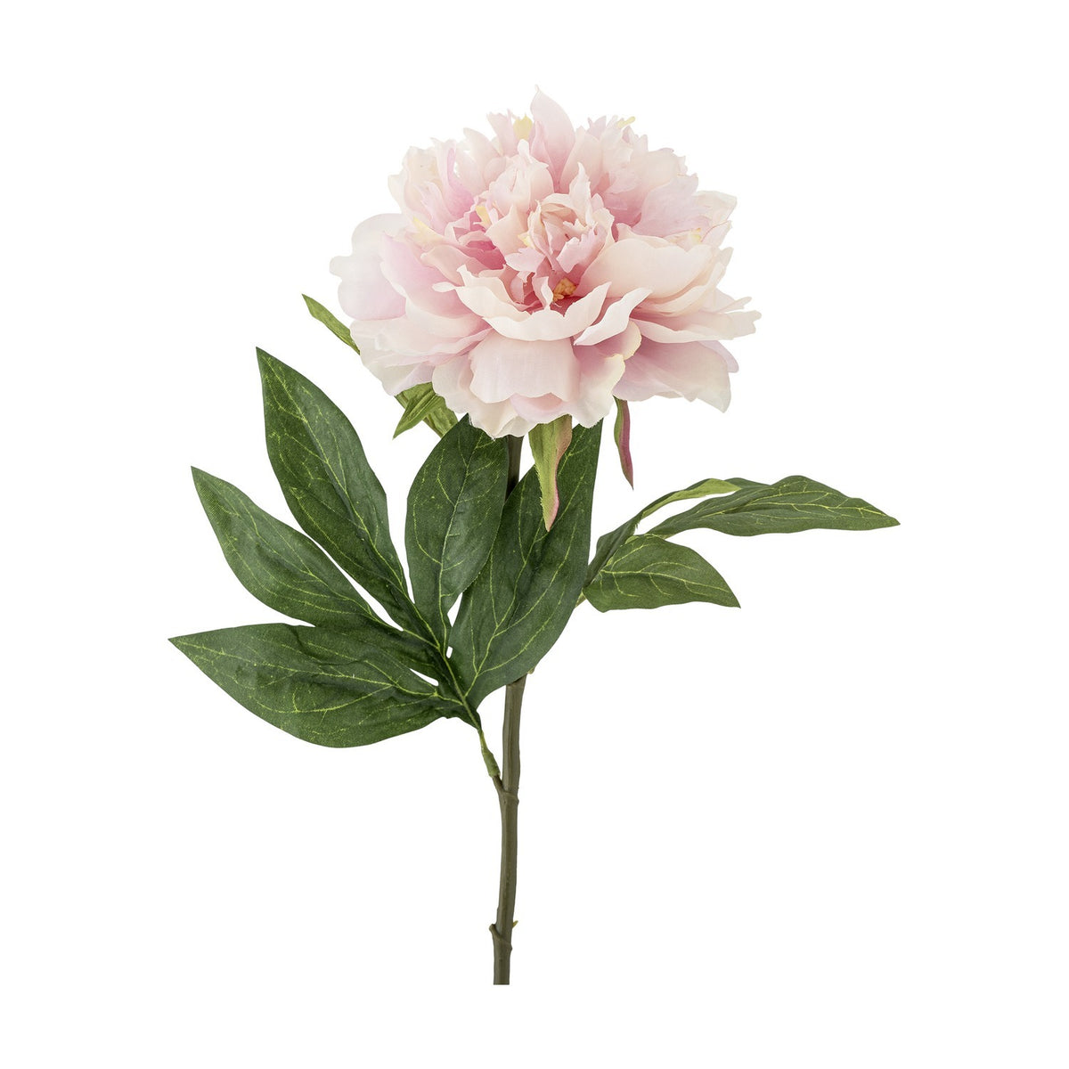 Artificial peony stem with a full ruffled pink bloom and clustered green leaves on a slender stem, shown against a plain white background.