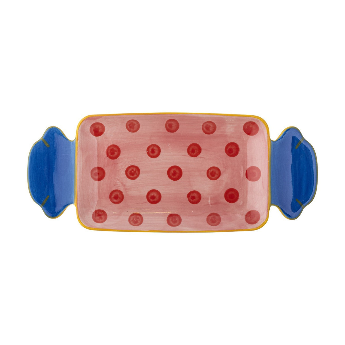 Caramella stoneware serving platter shaped like a wrapped sweet, with blue twisted ends and a pink, red polka-dot centre, shown on a plain white background.
