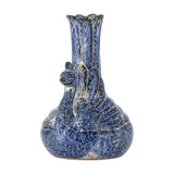 Kali Speckled Stoneware Vase 16cm in Blue, shaped as a crested bird with a rounded base, carved feather relief, and a tall scalloped neck, on a plain white background.