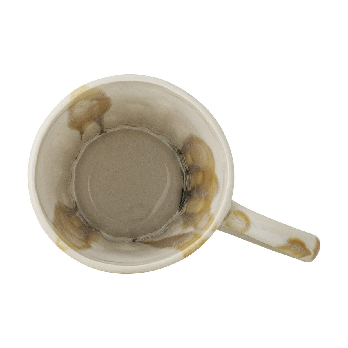 Top-down view of a Joseph stoneware mug with a rounded loop handle, showing amber-toned drip glaze over a grey interior and white rim, set against a plain background.