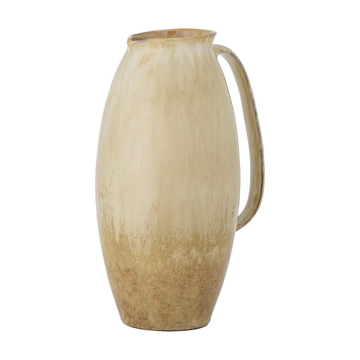 Saskia Speckled Stoneware Vase in beige, jug-shaped with a looped handle and pinched rim, speckled finish darkening towards the base, 31.5cm tall, on a plain white background.
