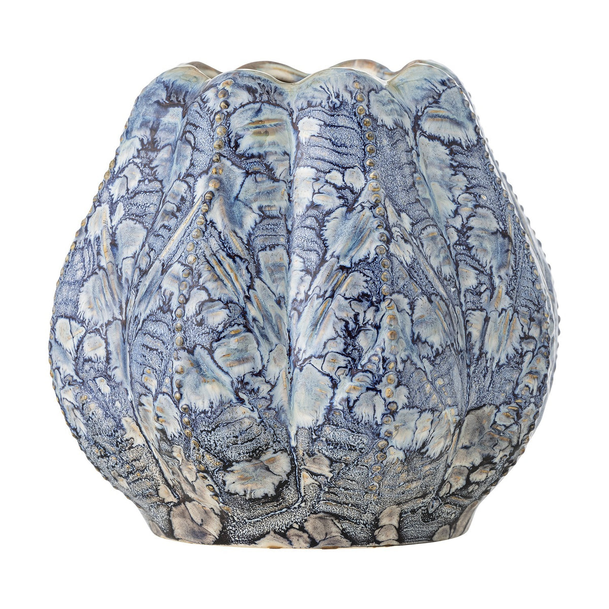 Hetty Stoneware Vase 19.5cm in blue, a rounded ribbed ceramic vase with beaded edges and a scalloped rim, textured relief finish, shown on a plain white background.