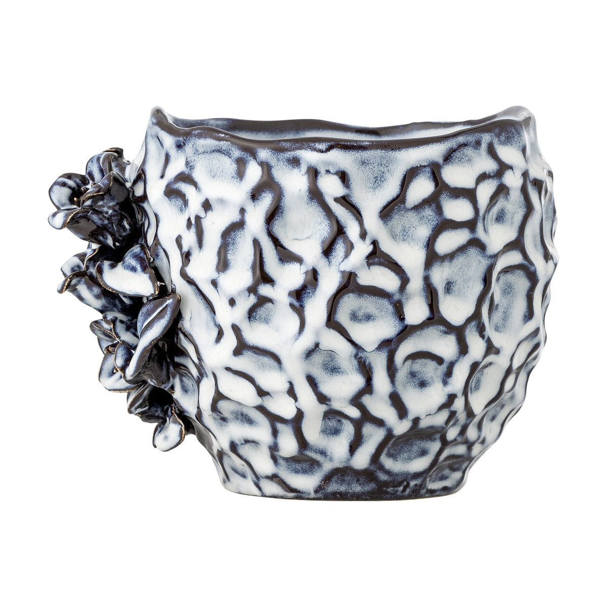 Malina Floral Stoneware Plant Pot in blue with a crinkled, textured surface and raised floral and leaf detail on one side, shown on a plain white background.