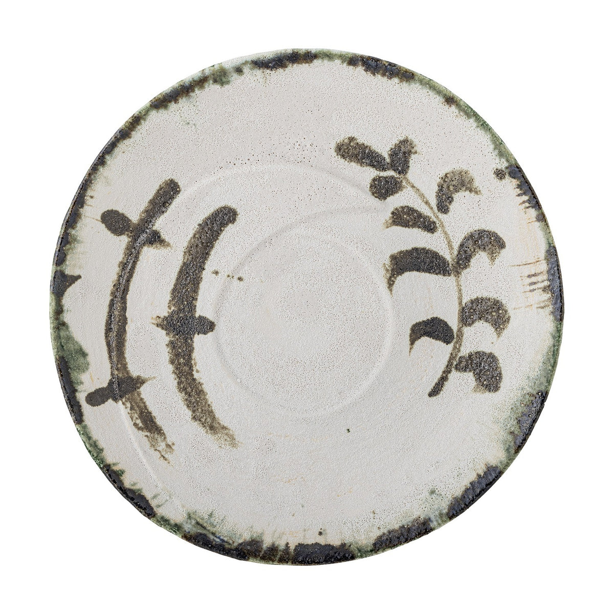 Hadyn Speckled Stoneware Tray in white, a round serving tray with low rim, dark painted branch motifs, and a dark speckled edge band, shown on a plain white background.