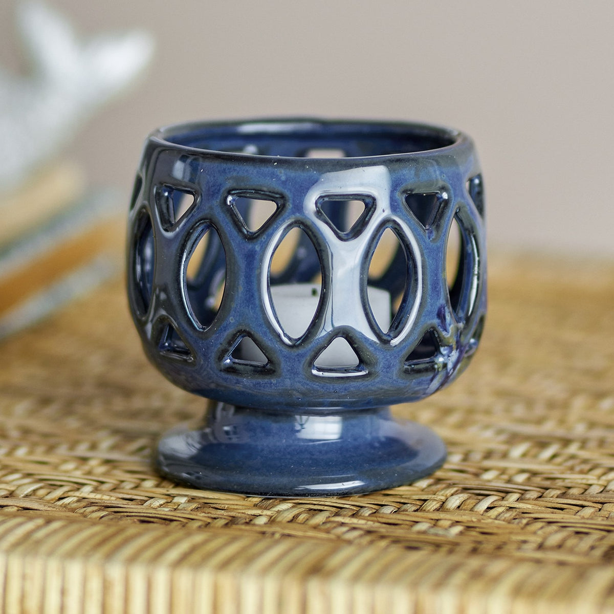 Patty Speckled Stoneware Tealight Holder - Blue
