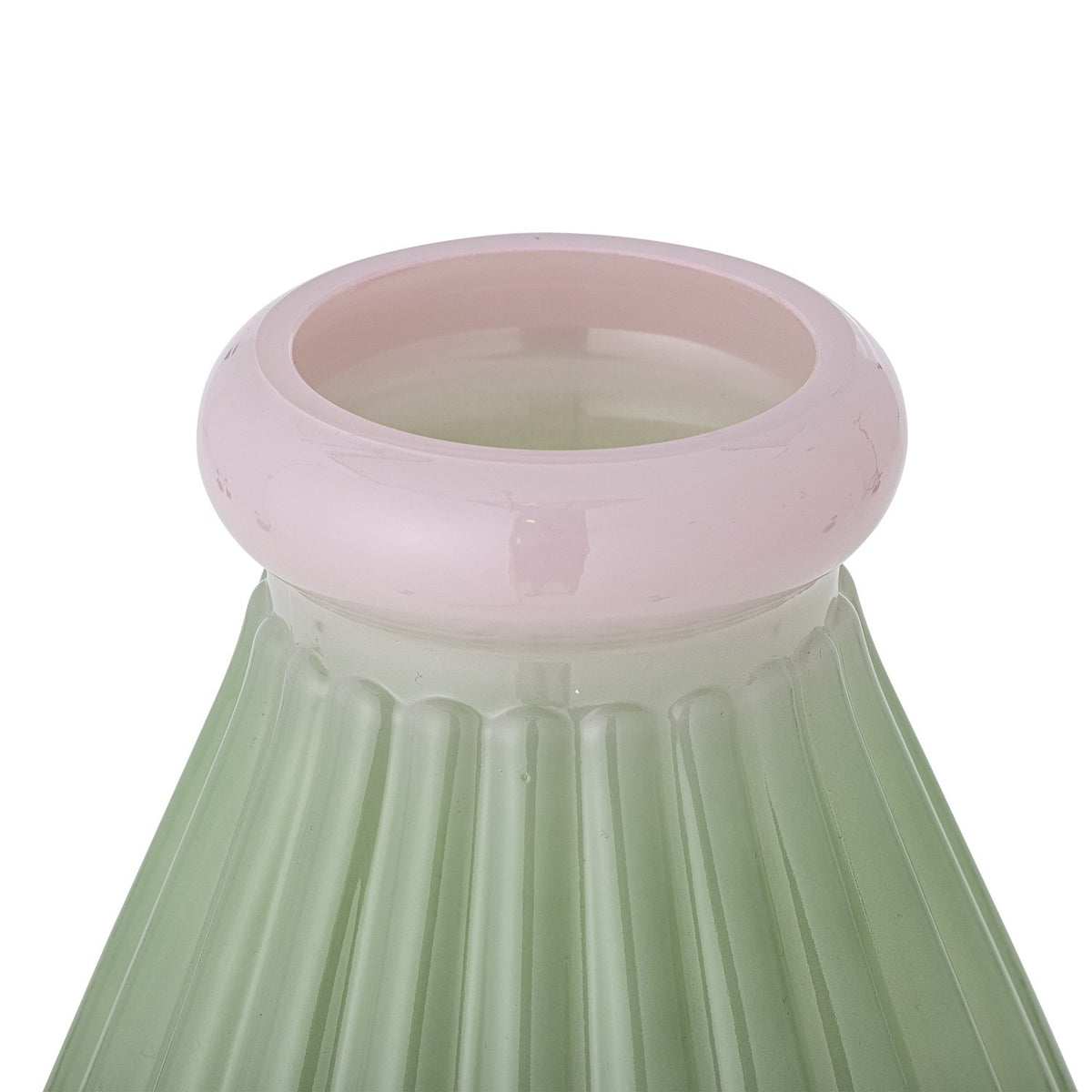Close-up of the Judith ribbed glass vase in green, showing the pink rounded rim and vertical ribbed texture tapering into the neck, on a plain white background.