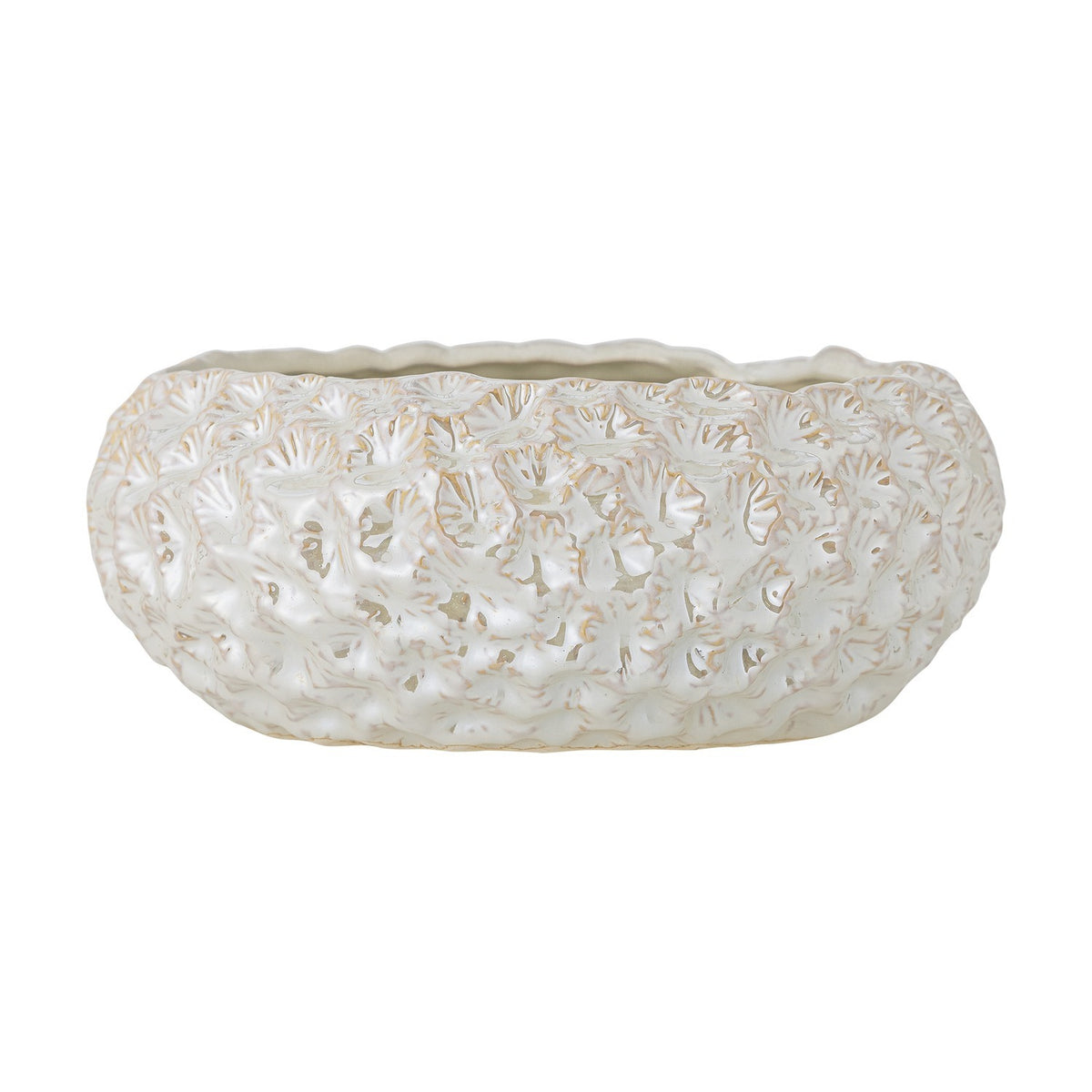 Lowen Stoneware Bowl 24cm in White, a wide low ceramic bowl with textured fan-shaped relief and a wavy rim, shown on a plain white background.