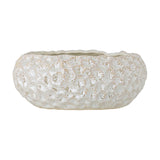 Lowen Stoneware Bowl 24cm in White, a wide low ceramic bowl with textured fan-shaped relief and a wavy rim, shown on a plain white background.