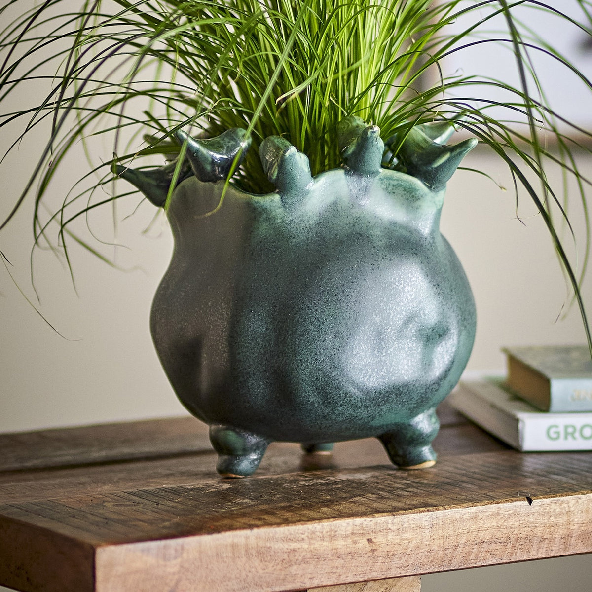 Charlize Stoneware Plant Pot in green, with a rounded lobed body, small modelled birds around the rim, and short feet, shown on a wooden table with grass planting.