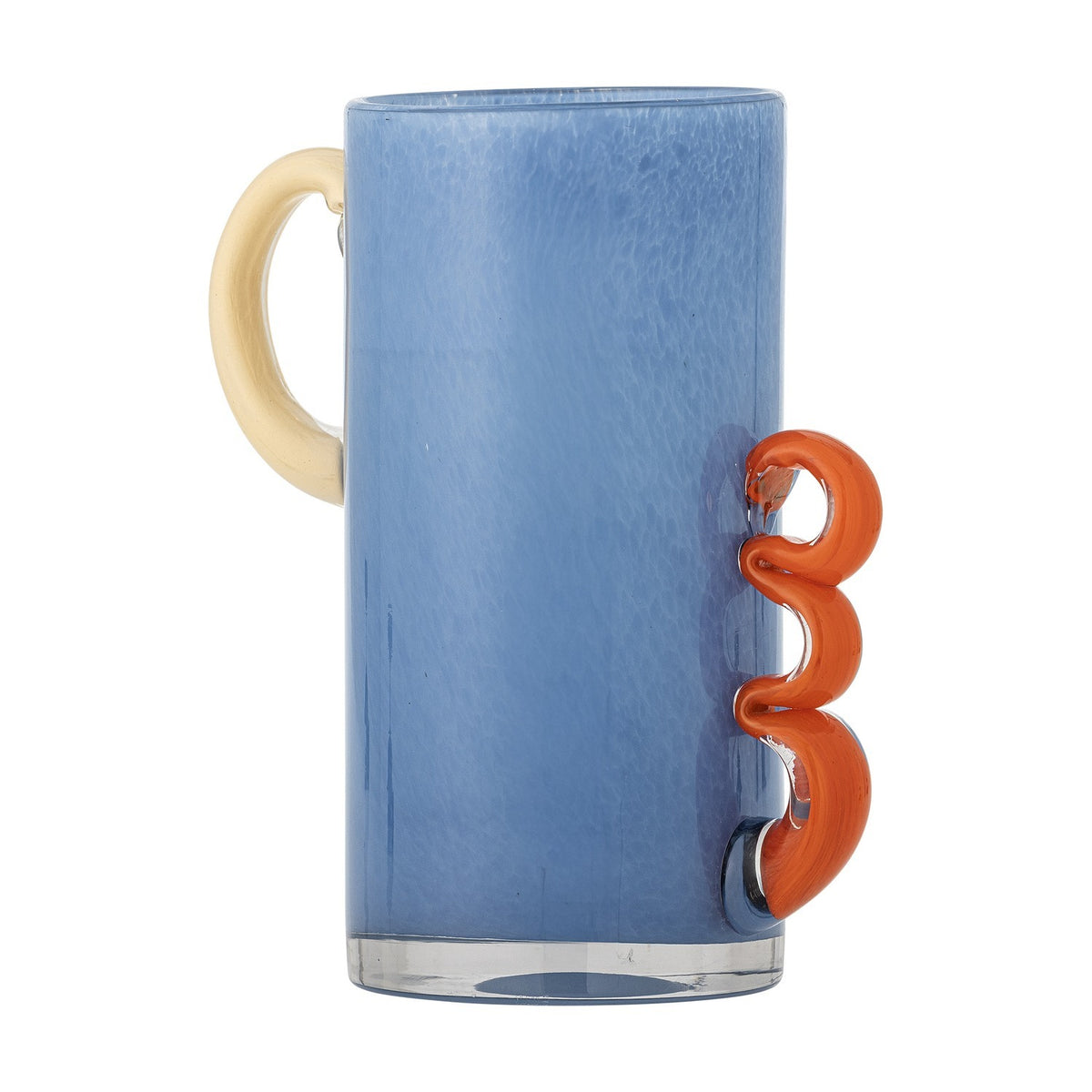 Carlie Glass Vase 25cm in blue, tall straight-sided glass vase with a smooth cream loop handle on one side and a curling orange triple-loop handle on the other, shown against a plain white background.