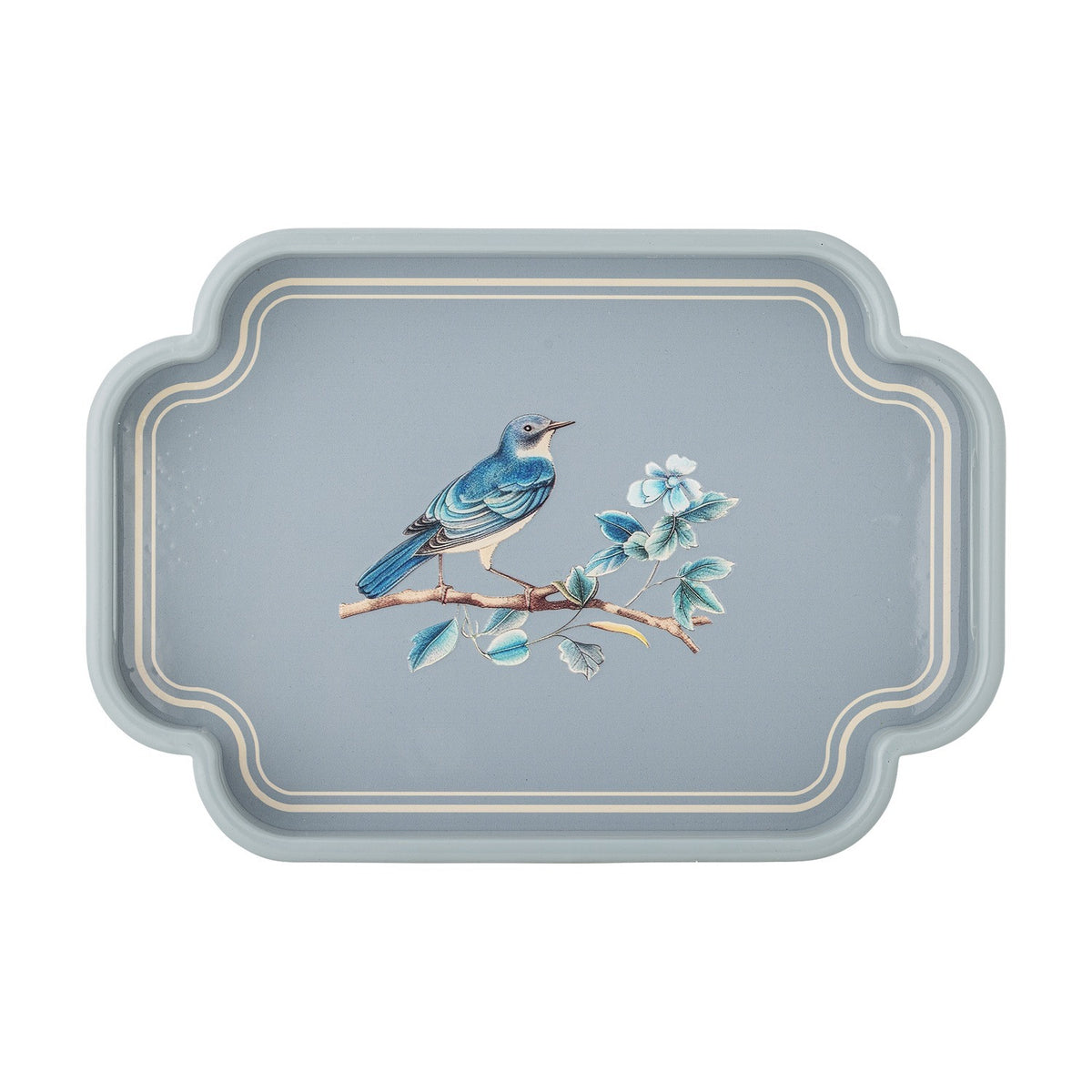 Meggie Tray in blue MDF with scalloped rectangular rim, featuring a bird on a flowering branch within a double-line border, shown on a plain white background.
