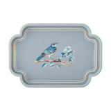 Meggie Tray in blue MDF with scalloped rectangular rim, featuring a bird on a flowering branch within a double-line border, shown on a plain white background.