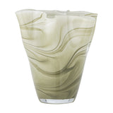 Toryn Marbled Glass Vase 24cm in Green, a mouthblown vase with a wavy folded rim and swirling green bands flaring to a wide mouth, shown against a plain white background.