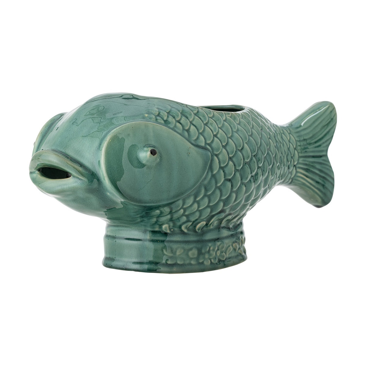 Hiro Fish Stoneware Plant Pot in green reactive glaze, with raised scale detail, fanned tail, open mouth, and a banded floral foot, shown on a white background.