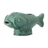 Hiro Fish Stoneware Plant Pot in green reactive glaze, with raised scale detail, fanned tail, open mouth, and a banded floral foot, shown on a white background.