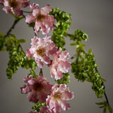 Wild Cherry Artificial Stem in pink, close-up of ruffled blossoms with golden stamens on a slim branch with green foliage, set against a plain grey background.