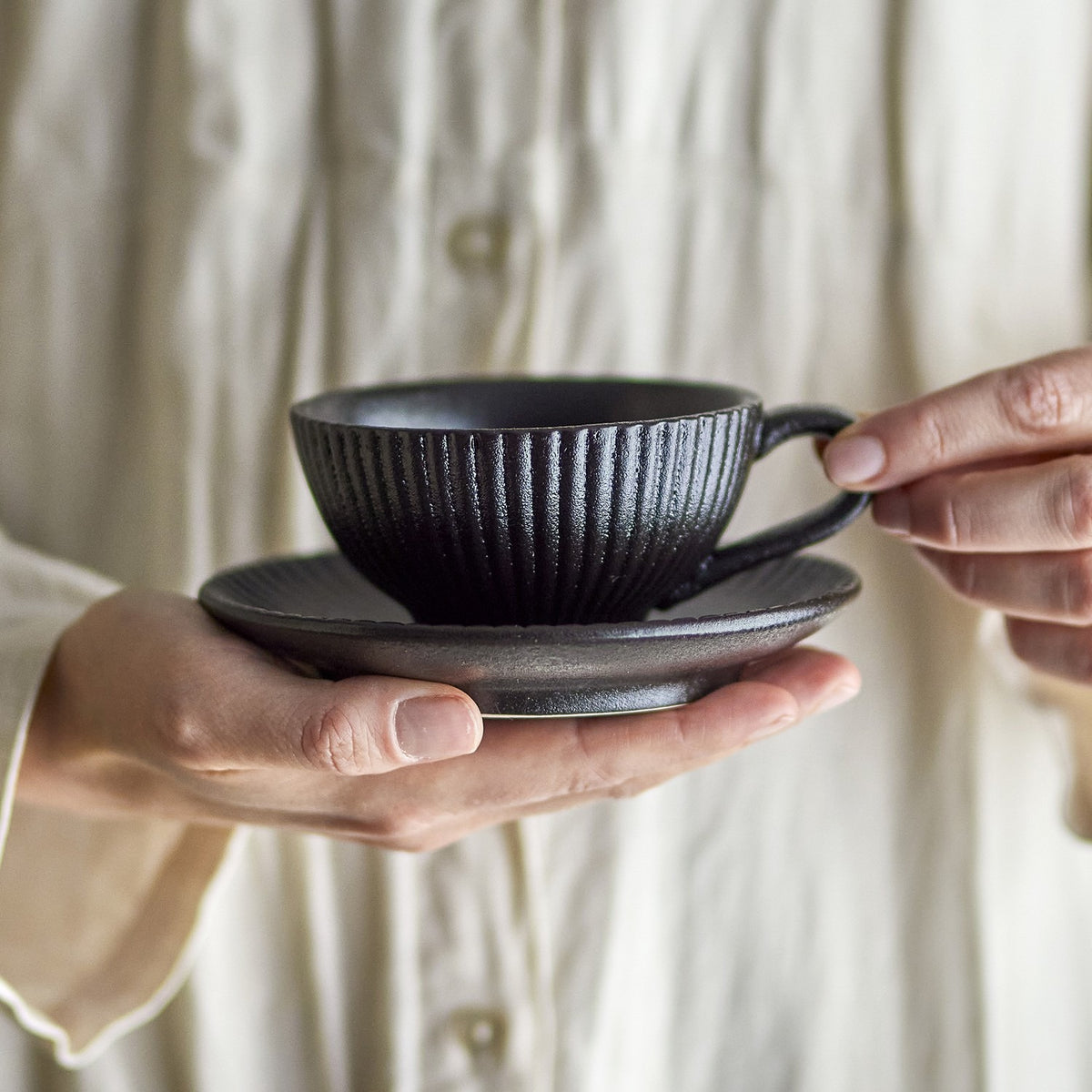 Neri Ribbed Stoneware Cup & Saucer 200ml - Black