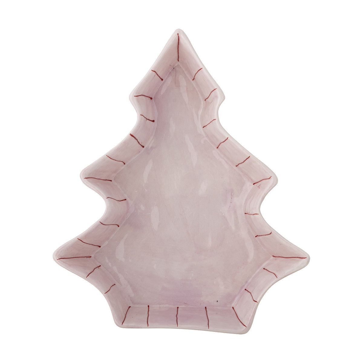 Shirly Striped Stoneware Christmas Platter in pink, shaped like a tiered fir tree with a pointed top and stepped branches, hand-painted red stripes around the rim, on a plain white background.
