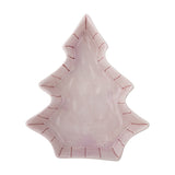 Shirly Striped Stoneware Christmas Platter in pink, shaped like a tiered fir tree with a pointed top and stepped branches, hand-painted red stripes around the rim, on a plain white background.