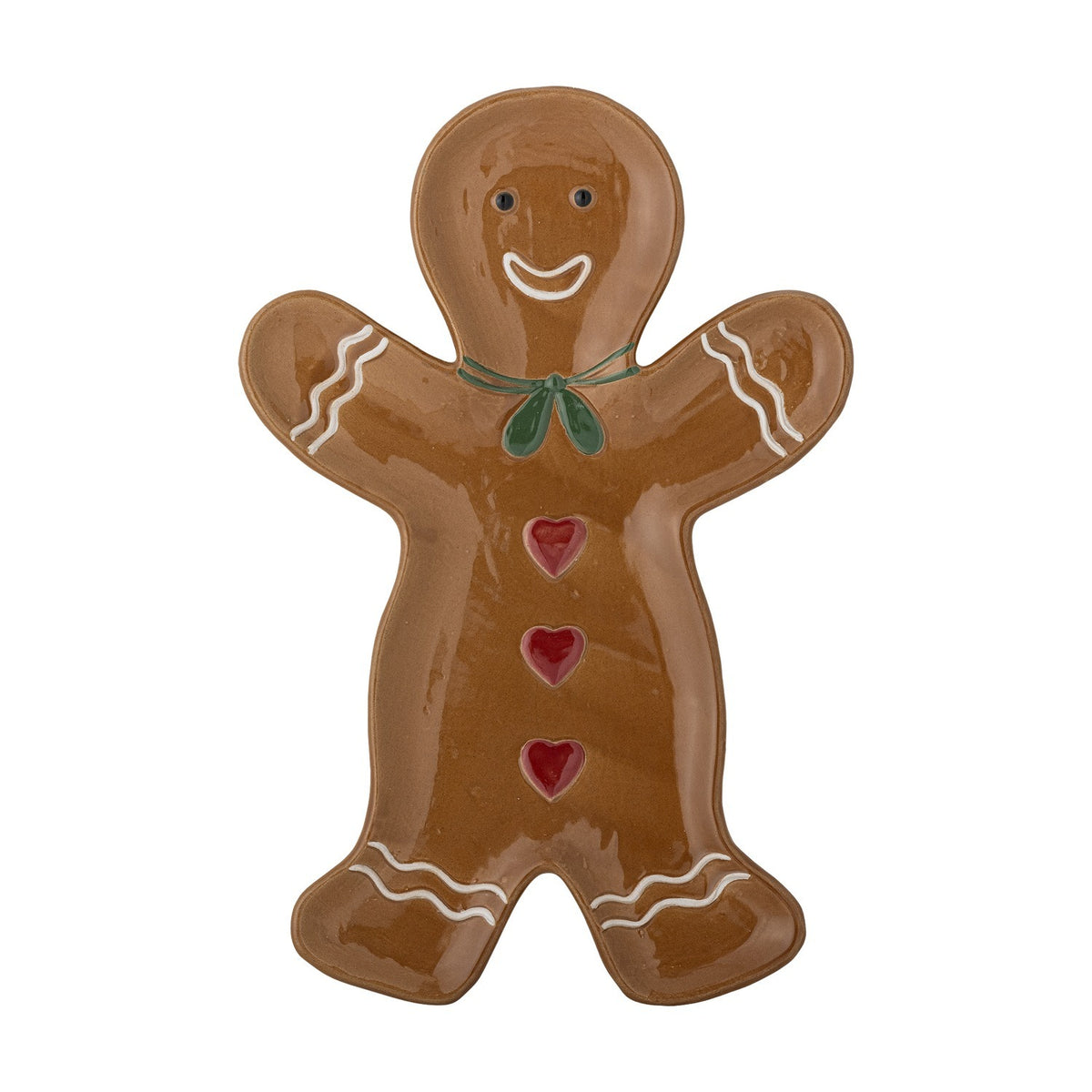 Ginnie Gingerbread Man stoneware Christmas platter in glossy brown glaze, with smiling face, green bow, red hearts, and white icing details, shown on a plain white background.