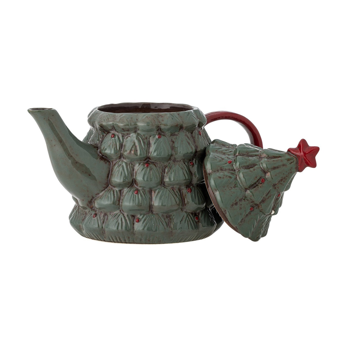 Elvion Christmas Tree Teapot in green ceramic with tiered branch texture, red handle and star-topped lid shown removed beside the pot on a white background.