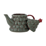 Elvion Christmas Tree Teapot in green ceramic with tiered branch texture, red handle and star-topped lid shown removed beside the pot on a white background.