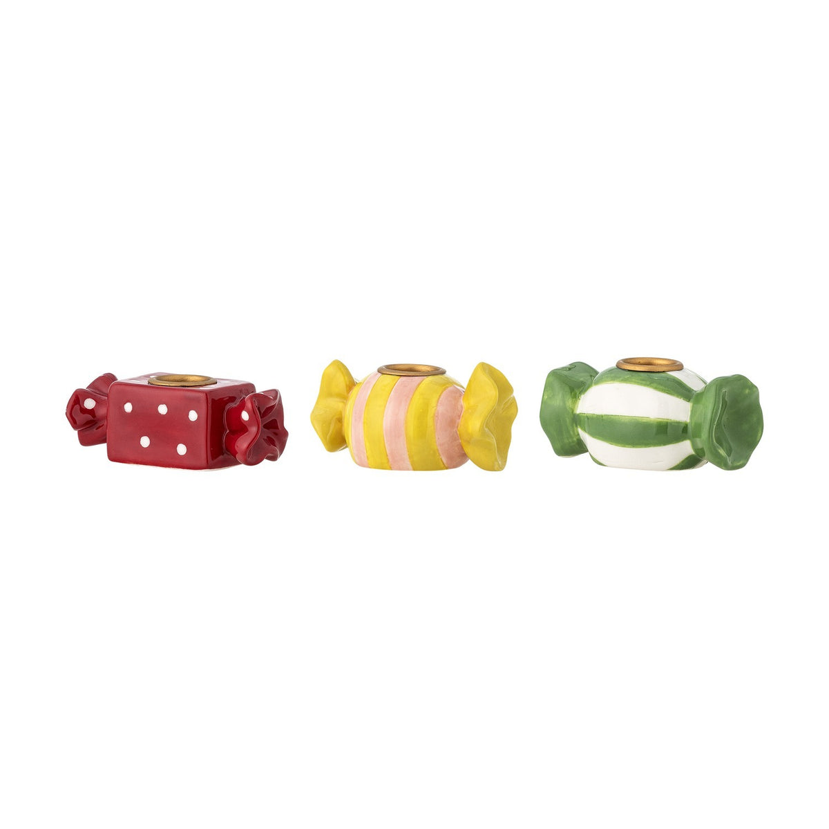 Leiano Wrapped Sweet Stoneware Candle Holders, set of 3, in red polka-dot, yellow-pink striped, and green-white striped sweet shapes with twisted ends, on a white background.