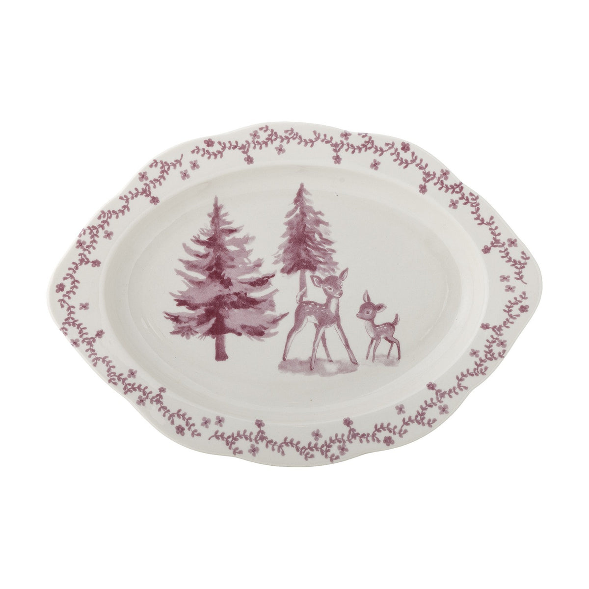 Wonderland Wavy Stoneware Christmas Platter in pink, oval with scalloped edge, showing two deer among fir trees and a floral vine border, on a white background.