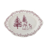 Wonderland Wavy Stoneware Christmas Platter in pink, oval with scalloped edge, showing two deer among fir trees and a floral vine border, on a white background.