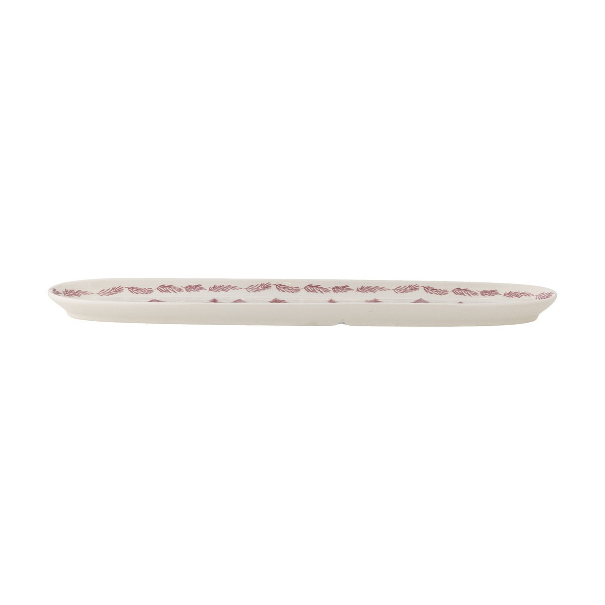Wonderland Stoneware Christmas Platter in cream, a long narrow oval serving tray with rounded ends and a pine tree and branch pattern along the rim, shown on a plain white background.