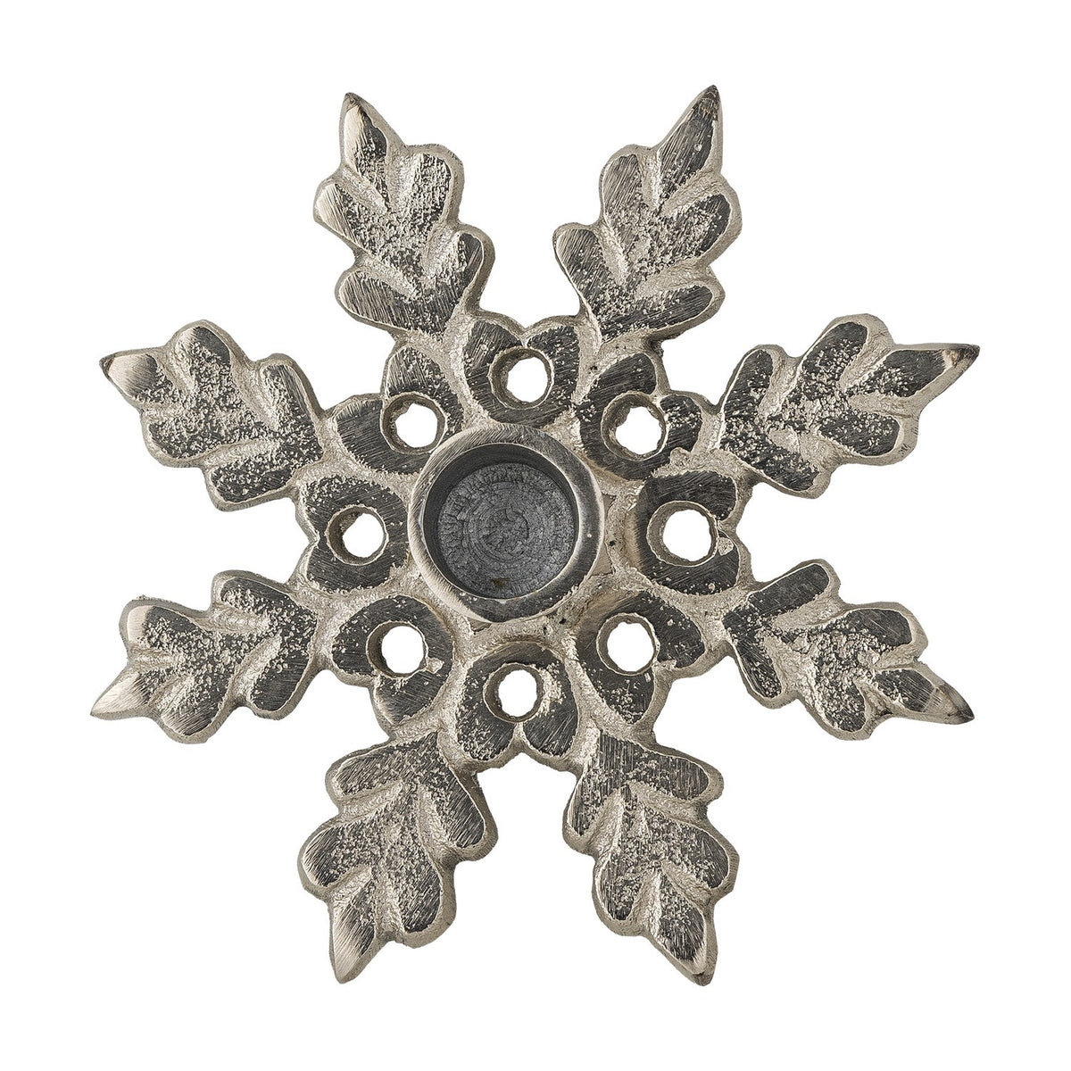 Kashi Snowflake Aluminium Christmas Candle Holder in silver, a flat star-shaped design with leaf-patterned arms and a central round cup, shown on a white background.