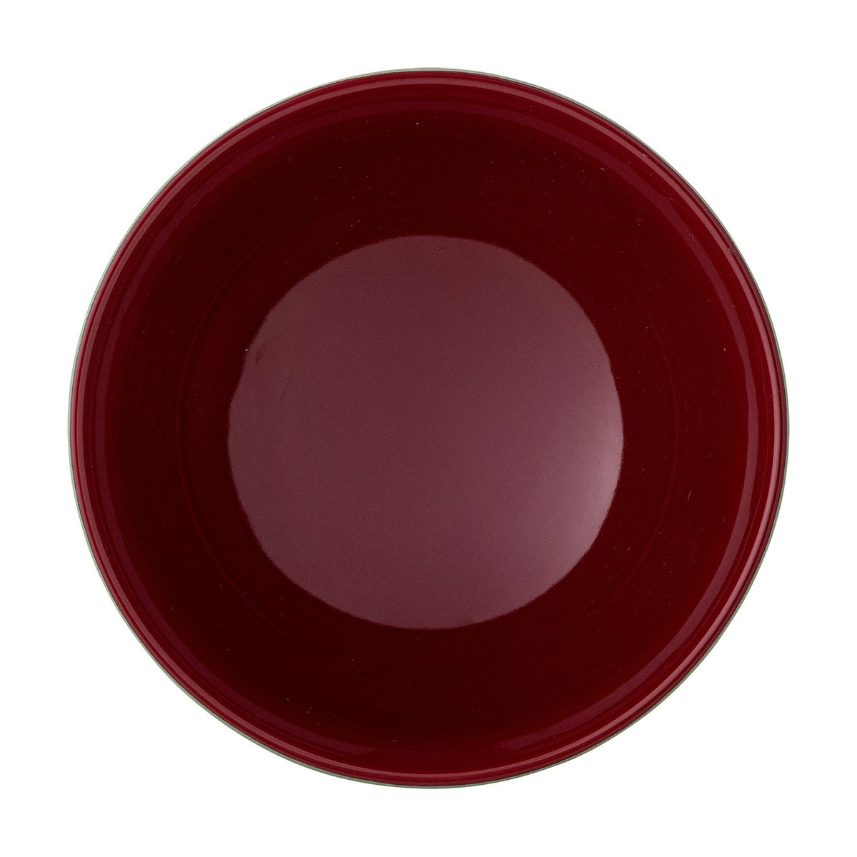 Stoneware Christmas bowl, 13cm, with a deep burgundy glazed interior and green exterior rim, shown from above on a plain white background.