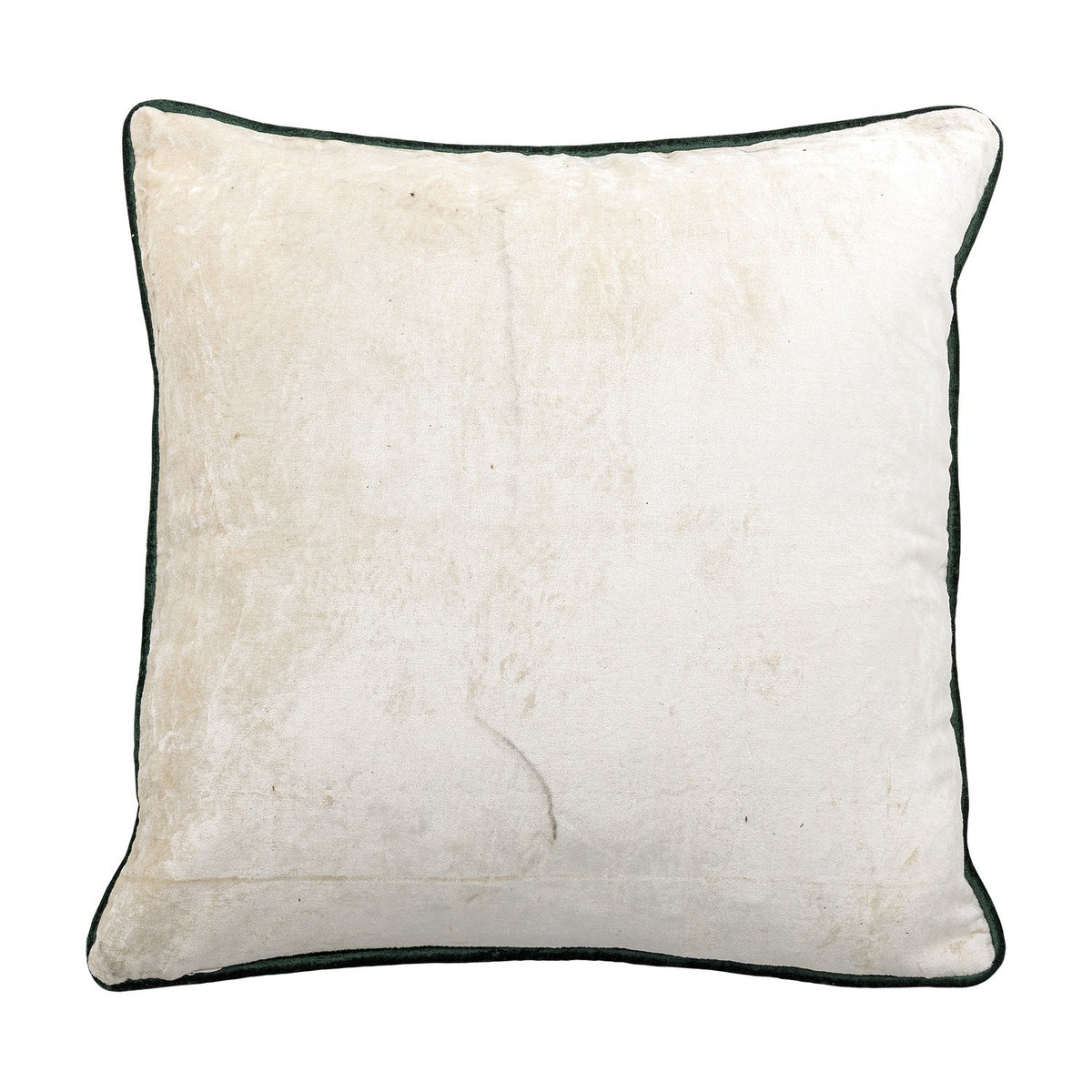 Evelin Cotton Christmas Cushion in cream, square velvet-look fabric with dark green piping trim, shown plain-sided against a white background.