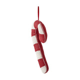 Kunai Striped Christmas Tree Decoration in red, a padded candy cane shape with glass bead-covered front and white fabric stripes, shown with hanging loop on a plain white background.
