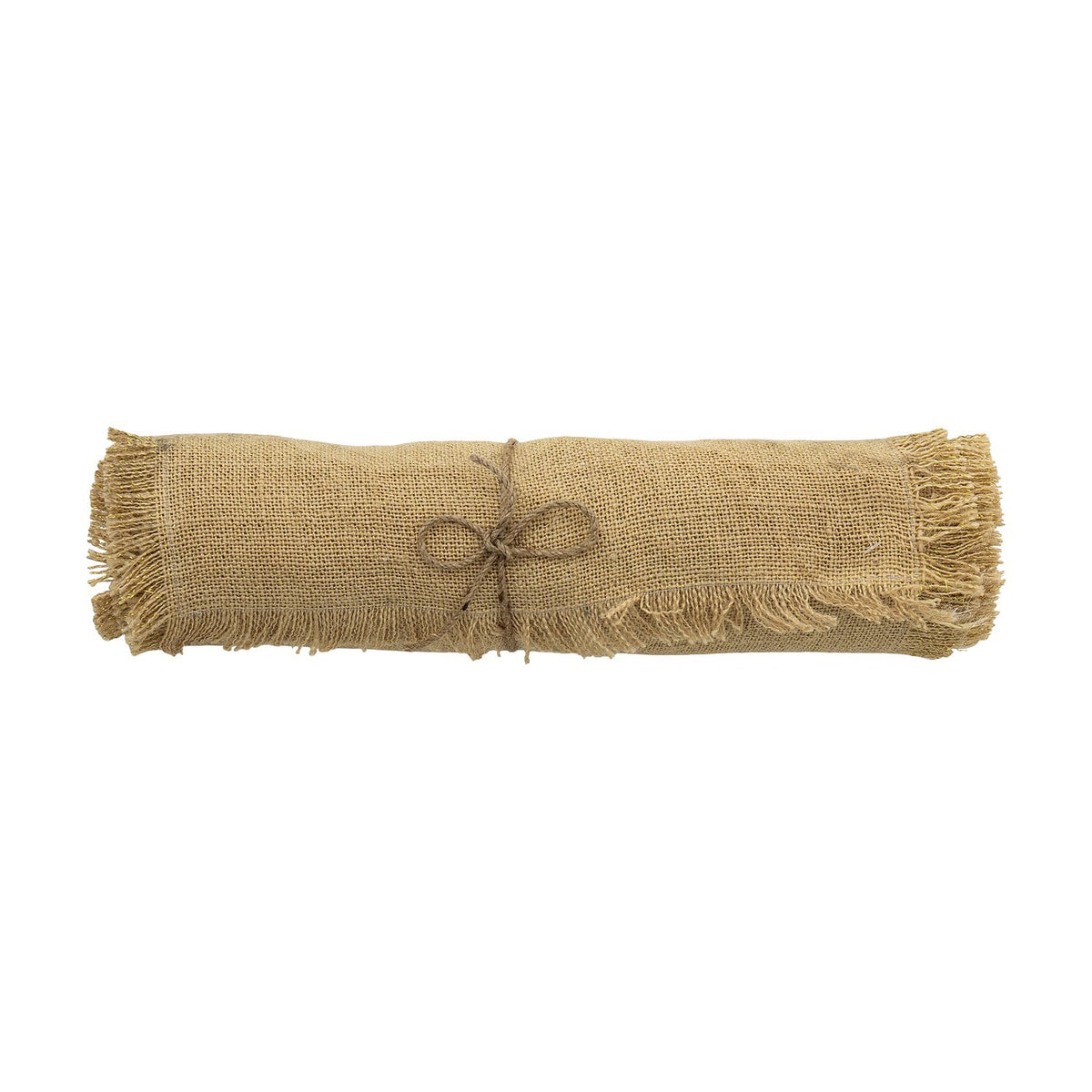 Janavi Jute Christmas Table Runner in beige, rolled and tied with twine, showing a woven jute texture with frayed edges on a plain white background.