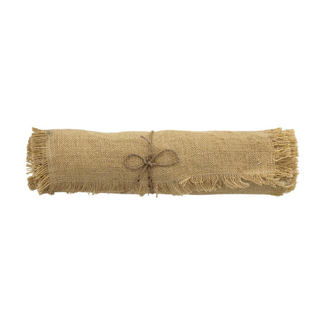 Janavi Jute Christmas Table Runner in beige, rolled and tied with twine, showing a woven jute texture with frayed edges on a plain white background.