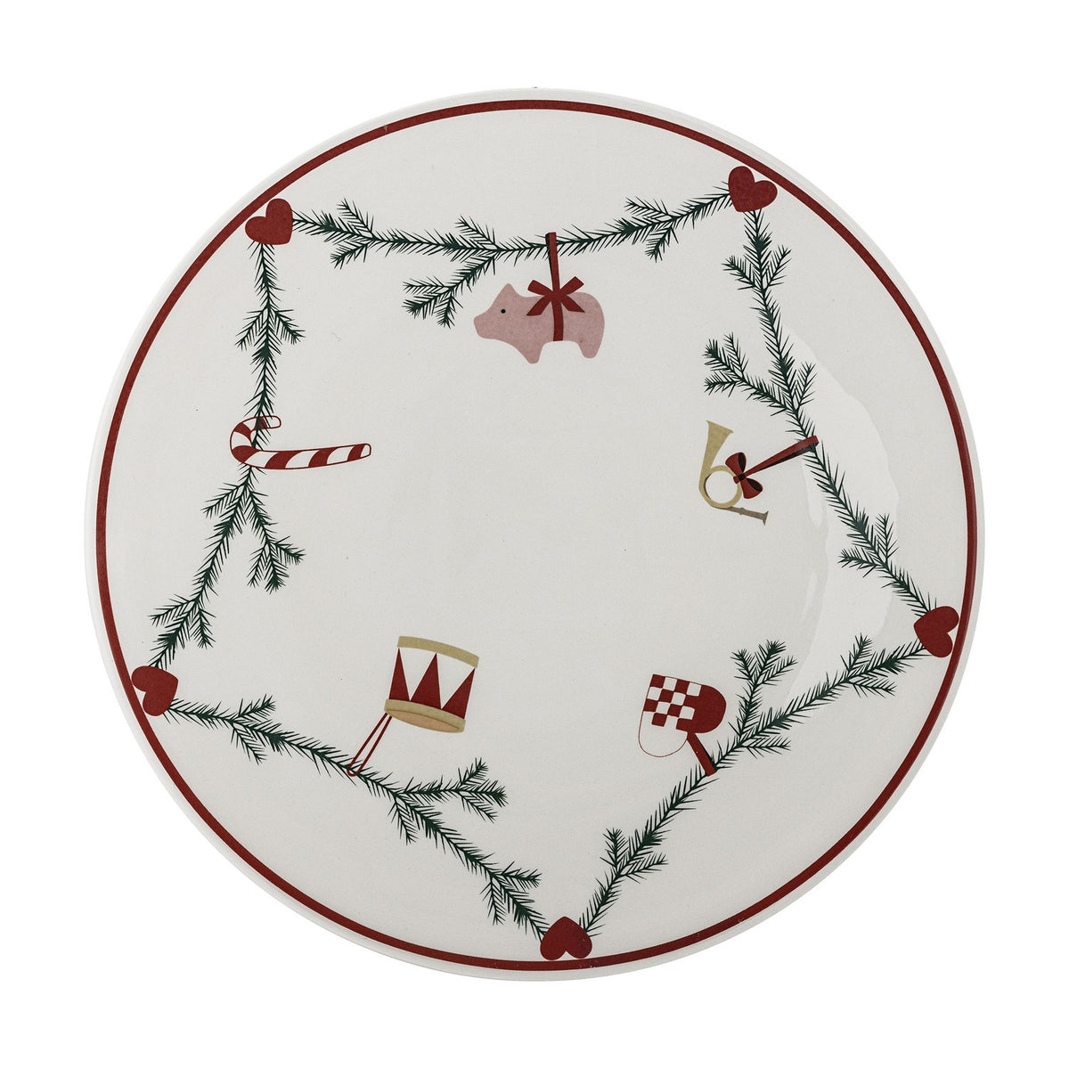 Yule Stoneware Christmas Lazy Susan in white, a round ceramic turntable with a fir garland, hearts, and hanging Christmas motifs like a pig, horn, and drum on a plain background.