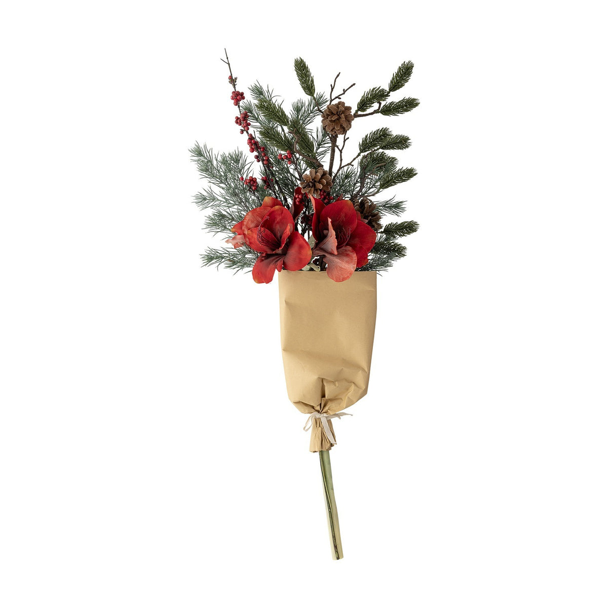 Rubia Artificial Christmas Bouquet in red, featuring large faux flowers, pine sprigs, pinecones and red berry clusters, stems wrapped in kraft paper, shown against a plain white background.