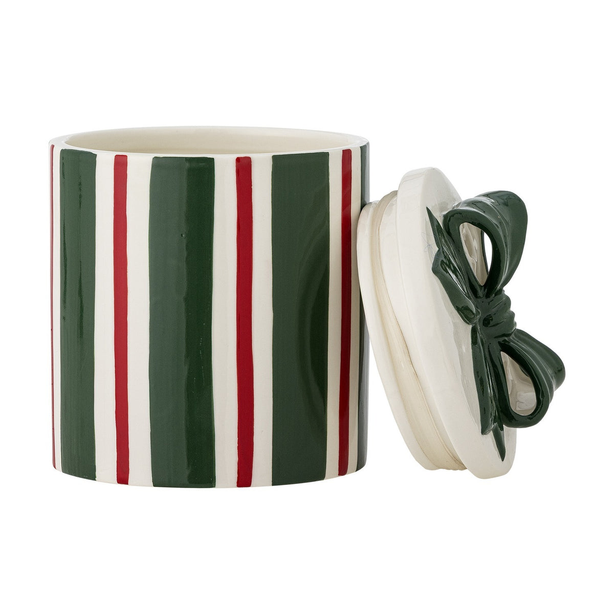 Marnia ceramic Christmas storage jar in green, white and red vertical stripes with lid off, showing a green bow handle, on a plain white background.