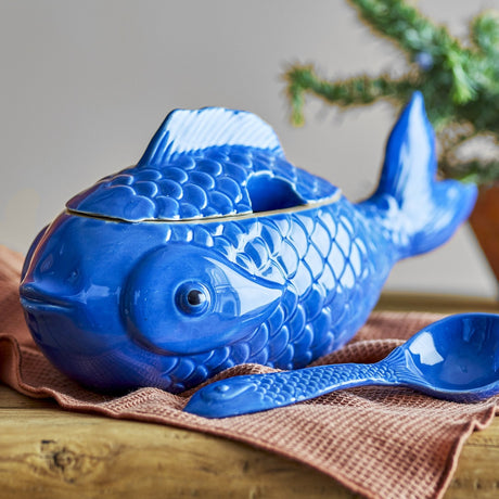 Hiro Fish Stoneware Jar with Lid & Spoon 1700ml - Blue