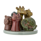 Piero Stoneware Vase 10.5cm in multicoloured ceramic, featuring six animal heads including giraffes, an elephant and a ram on a round base, shown against a white background.