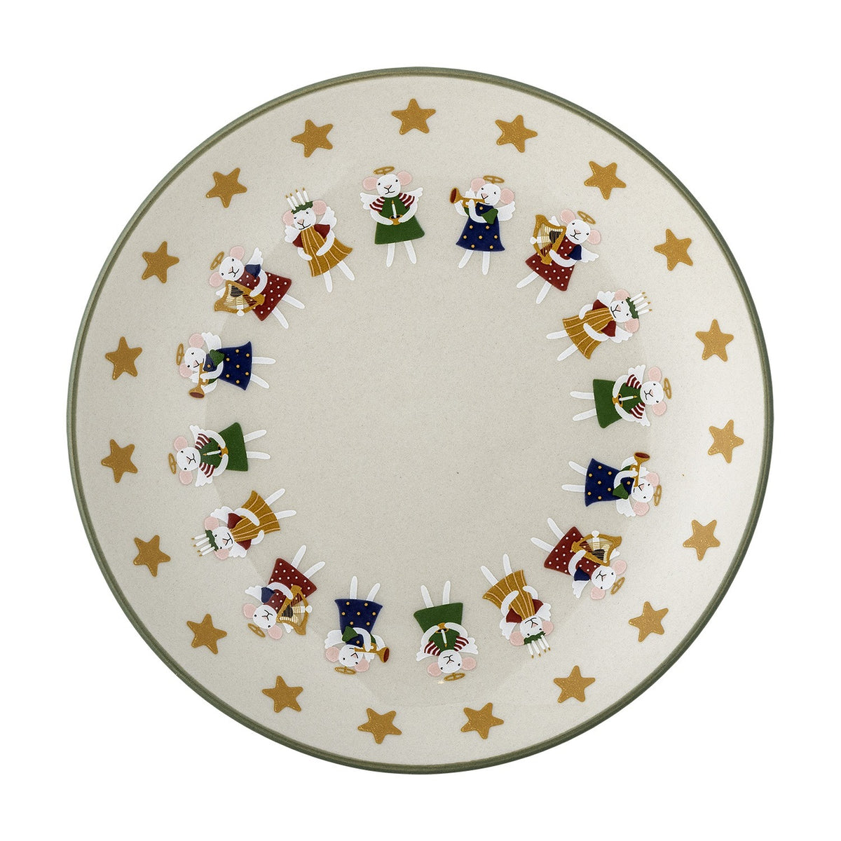 Cream stoneware Christmas plate with a green rim, gold stars border, and a ring of angel mice playing instruments around a plain centre, shown on a white background.