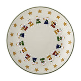 Cream stoneware Christmas plate with a green rim, gold stars border, and a ring of angel mice playing instruments around a plain centre, shown on a white background.
