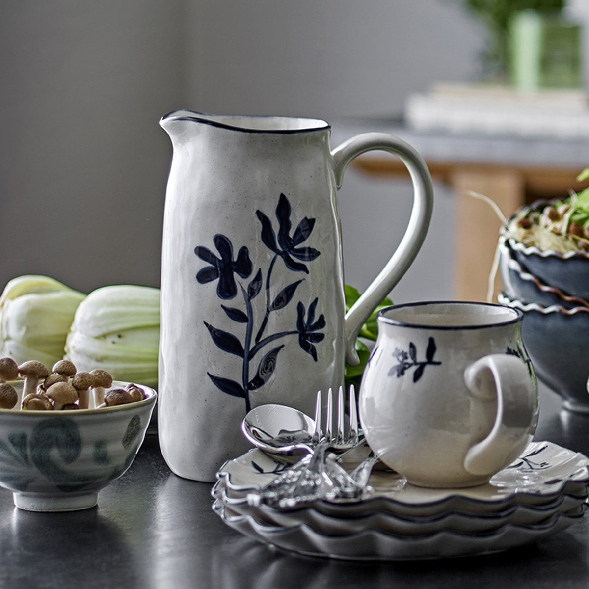 Eimy Floral Stoneware Jug - Cream