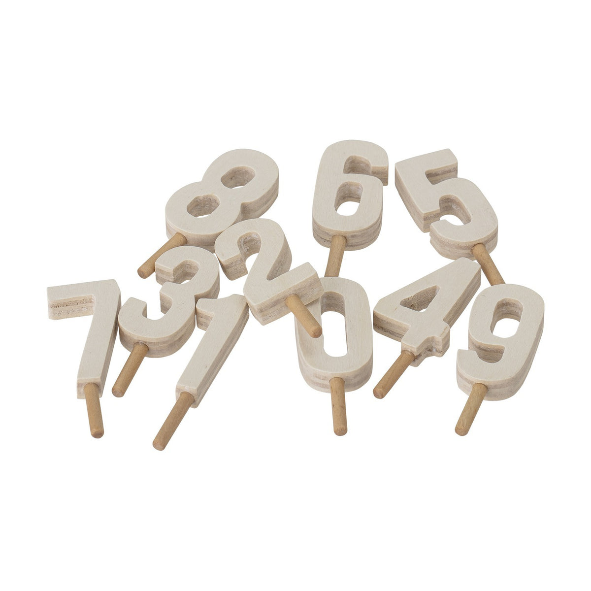 Alfi Birthday Decoration numbers 0-9 in whitewashed wood on short pegs, each digit cut out with a stick handle, shown on a plain white background.