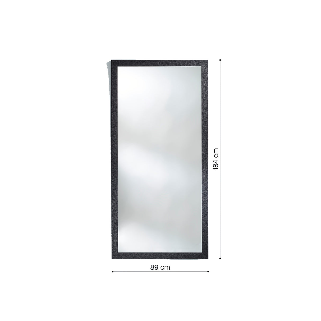 Dimension drawing of the full length charred wood mirror, marked 89cm wide by 184cm high with a depth of 2cm.